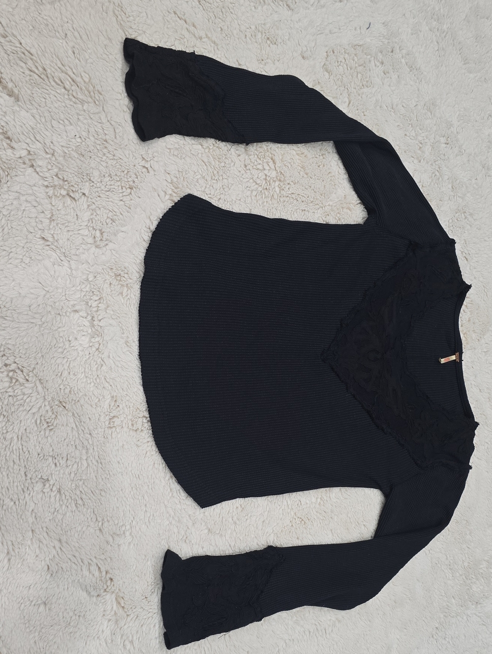 Free People Black V-Neck Lace Trim
